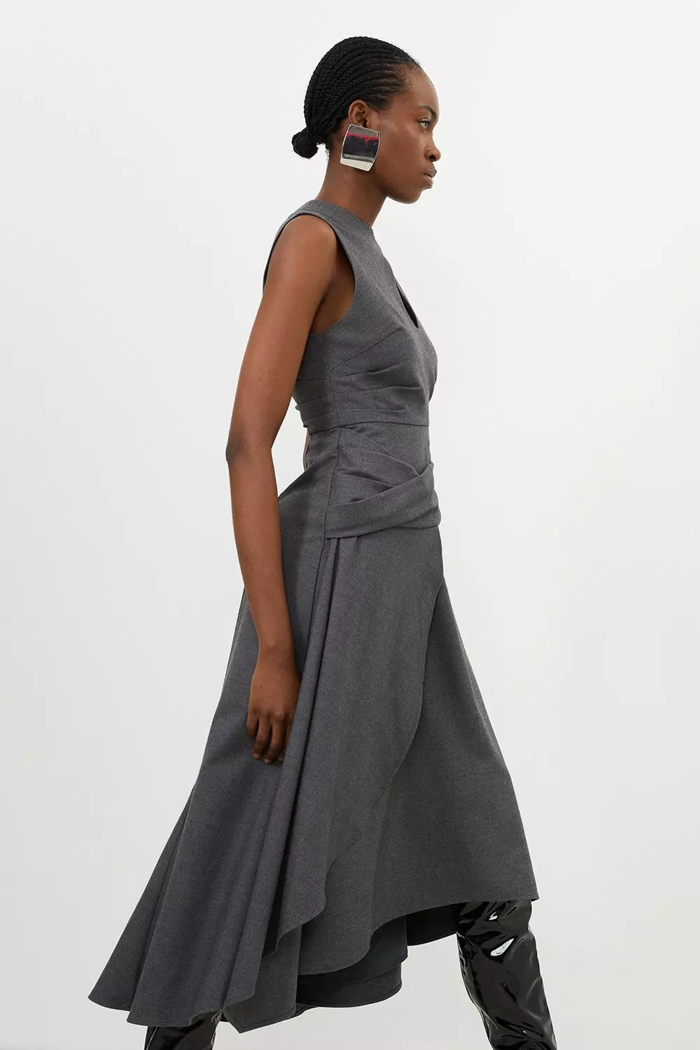 Grey Marl Woven Wool Mix Keyhole Midi Dress | Karen Millen